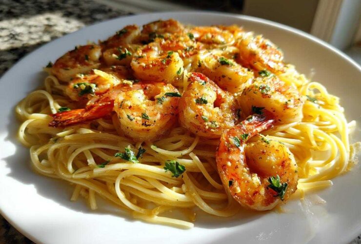 Close-up of Garlic Butter Shrimp with Pasta, featuring sautéed shrimp coated in garlic butter and parsley over linguine noodles.