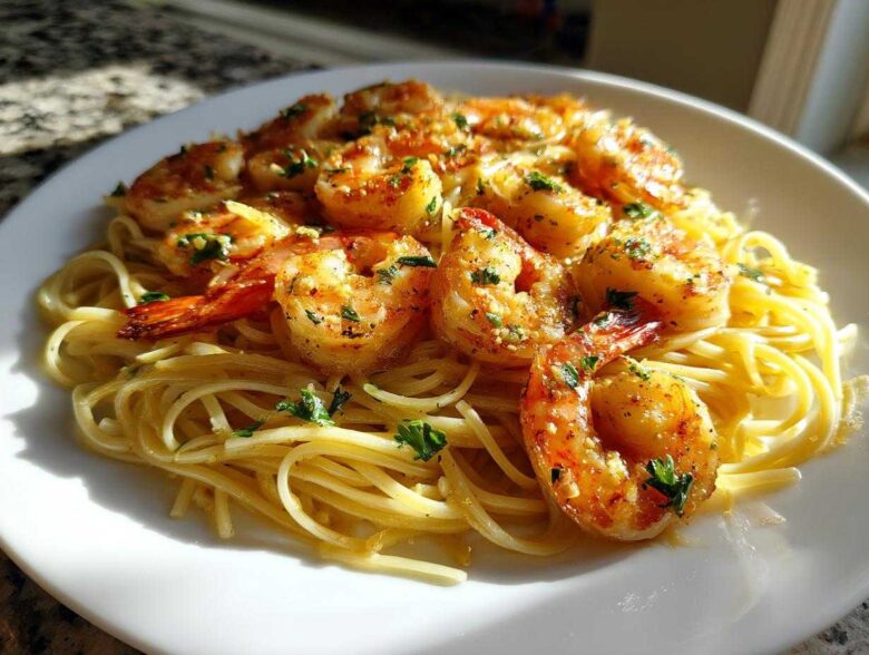 Close-up of Garlic Butter Shrimp with Pasta, featuring sautéed shrimp coated in garlic butter and parsley over linguine noodles.