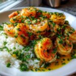 Close-up of a Garlic Butter Shrimp Rice Bowl featuring plump shrimp coated in sauce and fresh herbs over white rice.