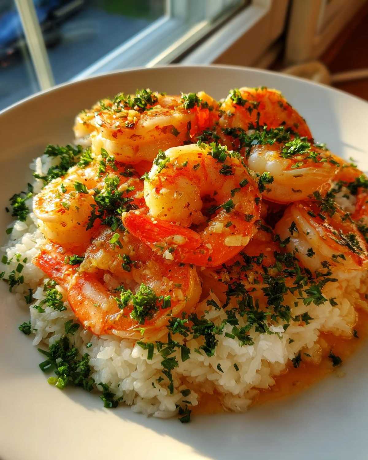 Close-up of a Garlic Butter Shrimp Rice Bowl, featuring plump shrimp coated in sauce over white rice, heavily garnished with fresh green herbs.