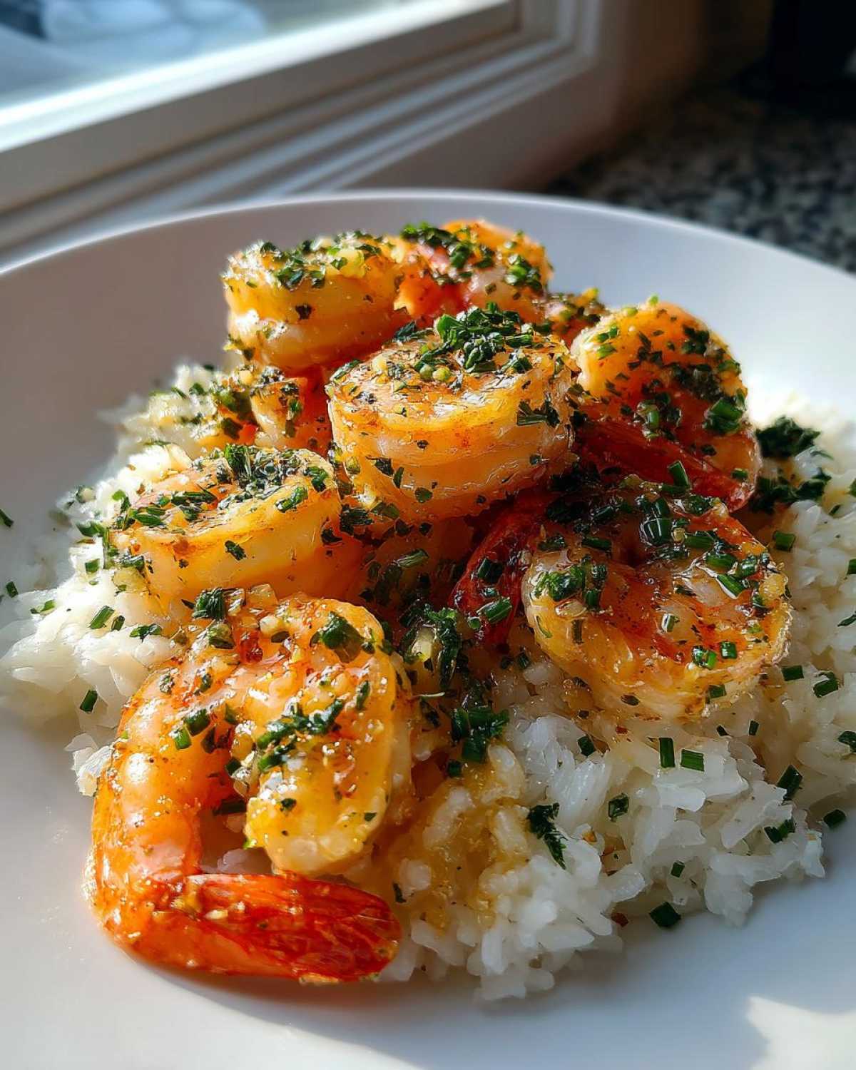 Close-up of a Garlic Butter Shrimp Rice Bowl, featuring plump, glossy shrimp coated in garlic butter sauce and fresh herbs over white rice.