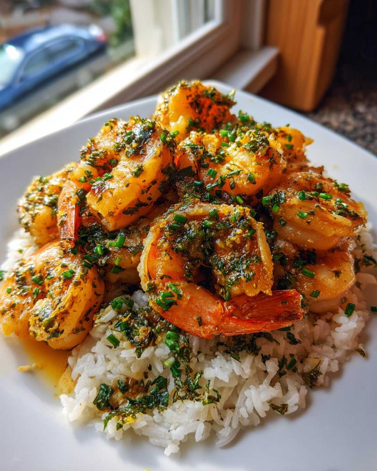 A close-up of a Garlic Butter Shrimp Rice Bowl, featuring plump shrimp coated in garlic butter and fresh herbs over white rice.