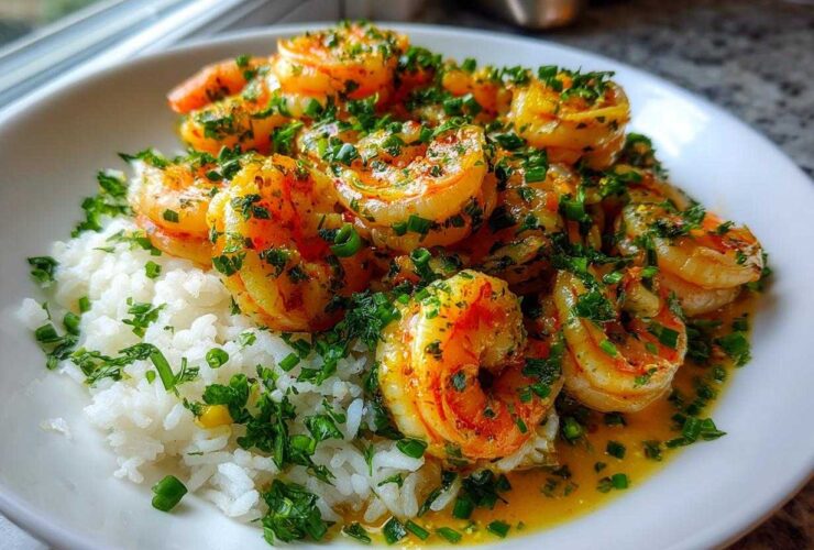Close-up of a Garlic Butter Shrimp Rice Bowl featuring plump shrimp coated in sauce and fresh herbs over white rice.