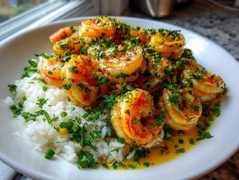 Close-up of a Garlic Butter Shrimp Rice Bowl featuring plump shrimp coated in sauce and fresh herbs over white rice.