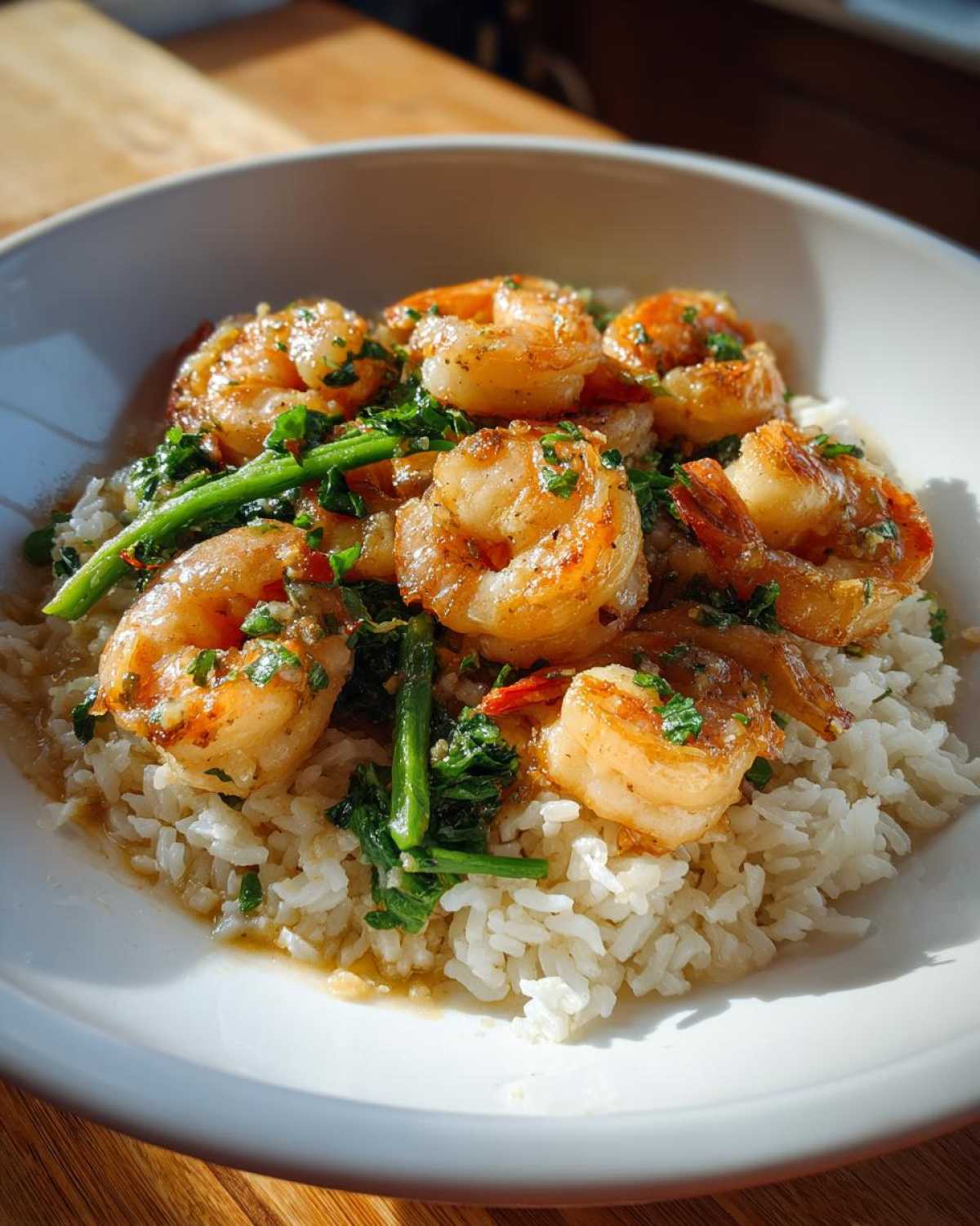 A close-up of Garlic Butter Shrimp with Rice and Veggies, featuring plump shrimp coated in sauce over white rice.
