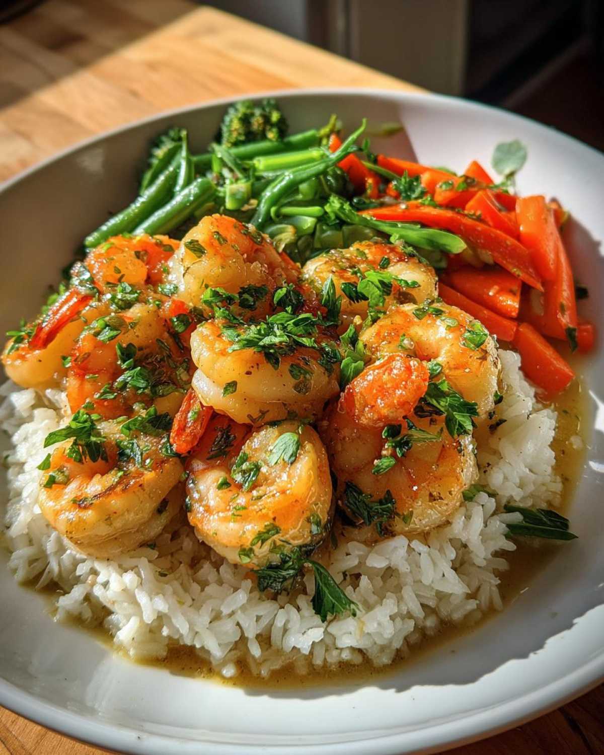 A close-up of Garlic Butter Shrimp with Rice and Veggies, featuring plump shrimp over white rice with steamed carrots and green beans.