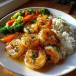 Close-up of Garlic Butter Shrimp with Rice and Veggies, glistening in sauce and topped with parsley.