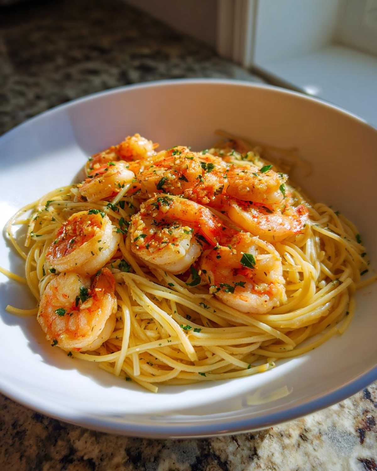 A close-up of Garlic Butter Shrimp with Pasta Easy Dinner served in a white bowl, garnished with parsley.