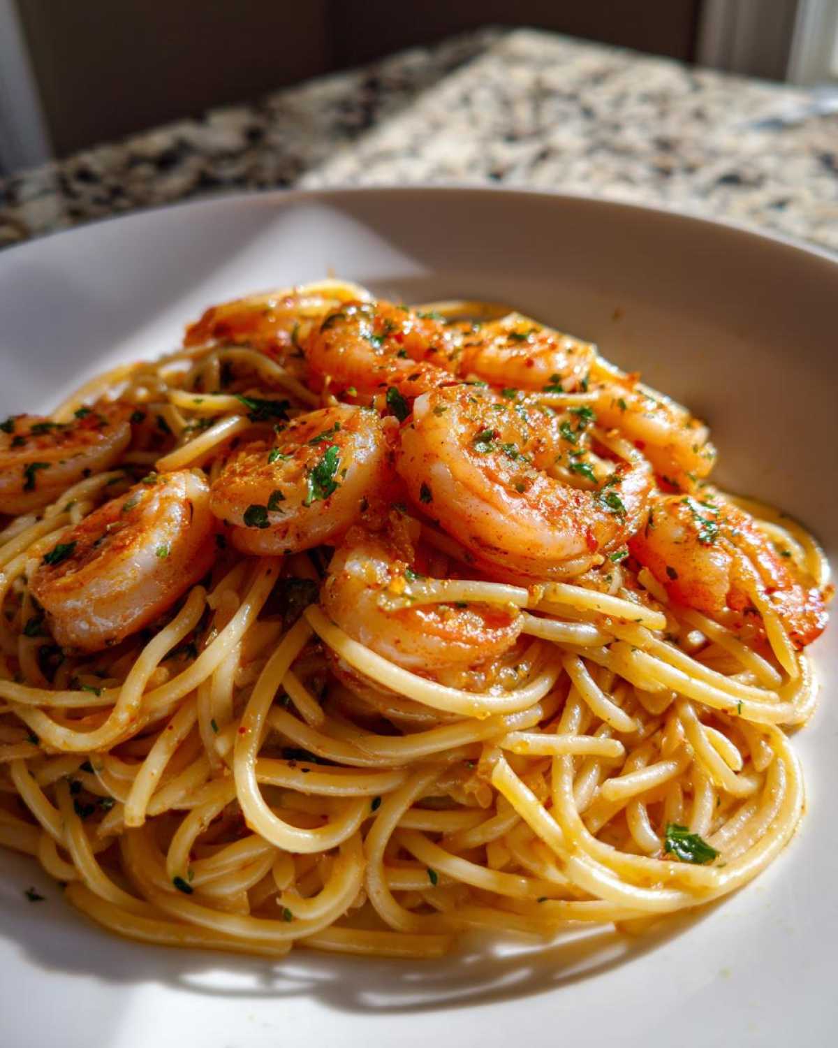 Close-up of Garlic Butter Shrimp with Pasta tossed in a rich sauce and garnished with parsley.