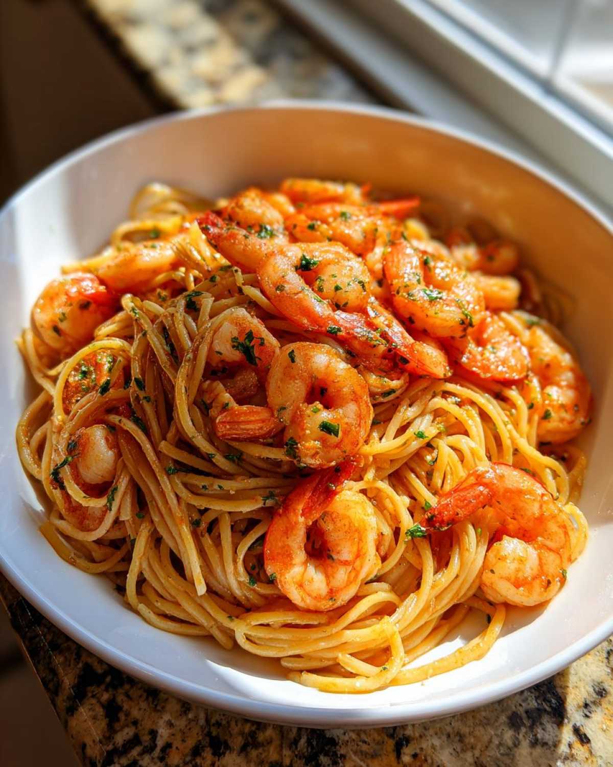 A close-up of Garlic Butter Shrimp with Pasta coated in a rich sauce and garnished with parsley in a white bowl.
