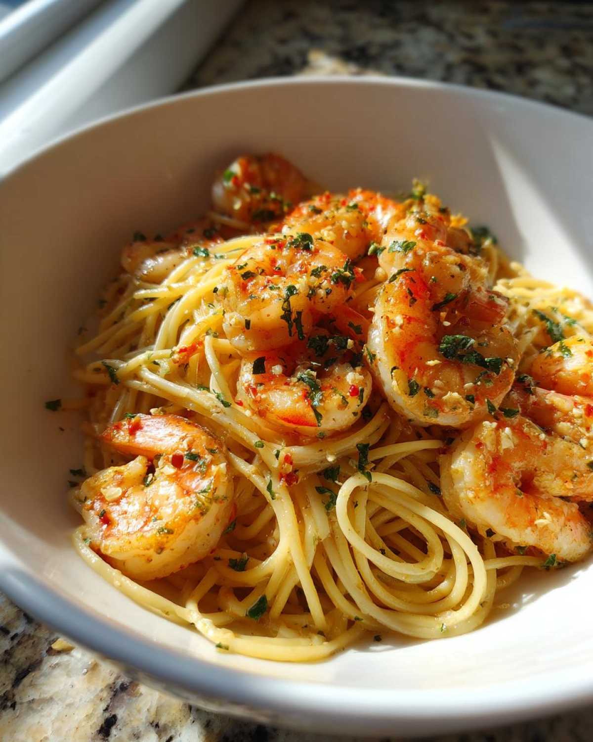 Close-up of Garlic Butter Shrimp with Pasta tossed in a light sauce, garnished with parsley and chili flakes.