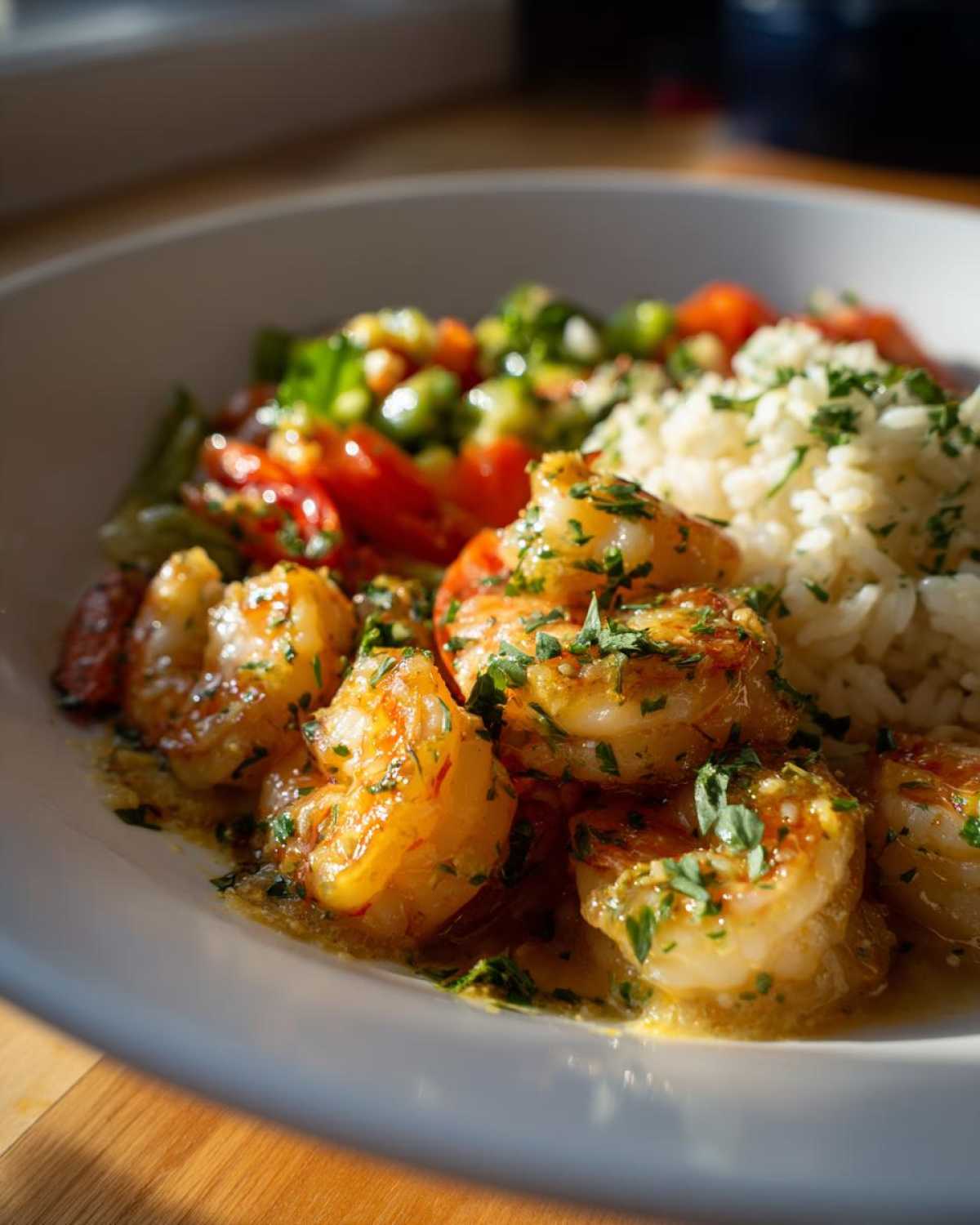 Plated serving of Garlic Butter Shrimp with Rice and Veggies, glistening in butter sauce and topped with parsley.