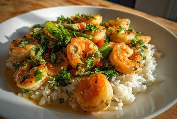 Close-up of Garlic Butter Shrimp with Rice and Veggies, glistening in sauce and topped with fresh parsley.