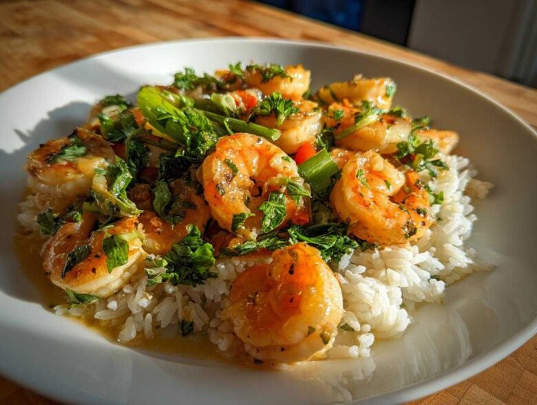 Close-up of Garlic Butter Shrimp with Rice and Veggies, glistening in sauce and topped with fresh parsley.