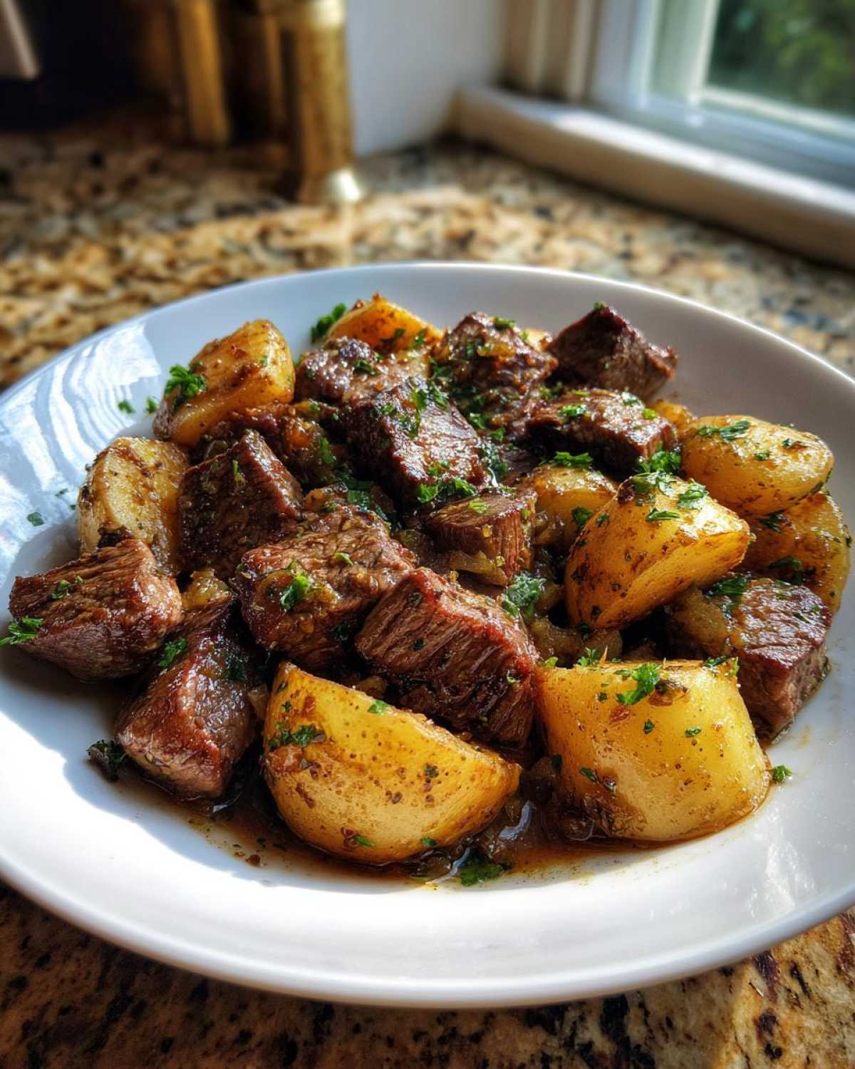 Close-up of tender steak cubes and golden potatoes coated in garlic butter sauce, part of the Garlic Butter Steak and Potatoes Skillet.