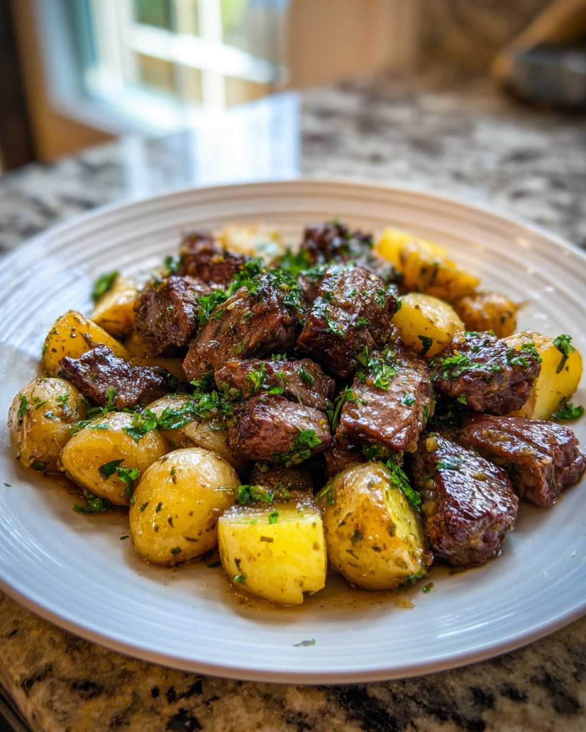 A plate of juicy steak bites and golden potatoes coated in garlic butter sauce, garnished with fresh parsley from the Garlic Butter Steak and Potatoes Skillet.