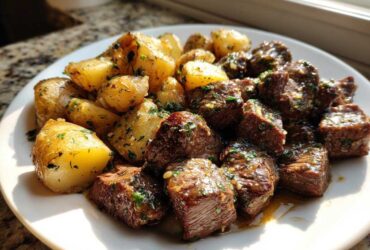 Close-up of Garlic Butter Steak and Potatoes Skillet served on a white plate, glistening with butter sauce.