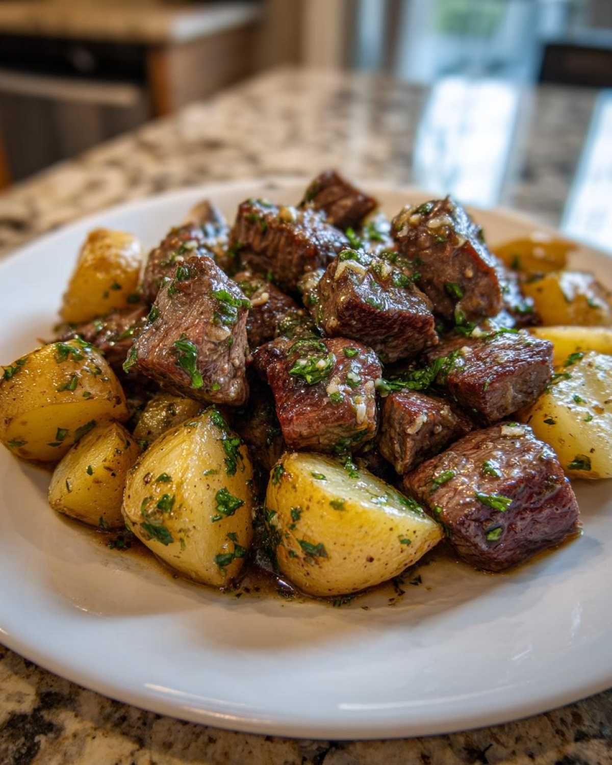 Close-up of bite-sized steak pieces and roasted potatoes coated in garlic butter sauce for Garlic Butter Steak and Potatoes Skillet.