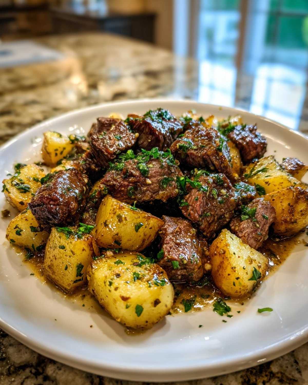 Close-up of juicy steak bites and golden potatoes coated in garlic butter sauce, garnished with parsley from the Garlic Butter Steak and Potatoes Skillet.