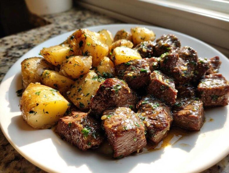 Close-up of Garlic Butter Steak and Potatoes Skillet served on a white plate, glistening with butter sauce.