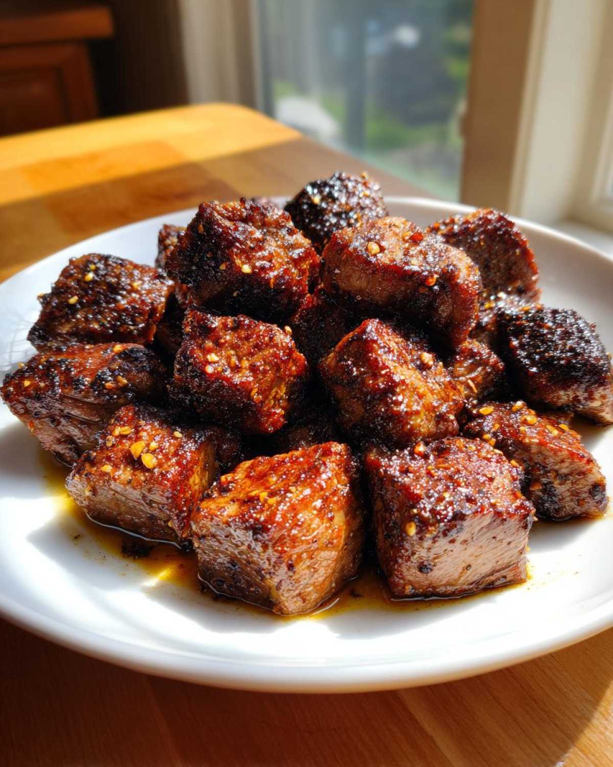 A pile of perfectly seared Garlic Butter Steak Bites with crispy edges glistening in butter sauce on a white plate.