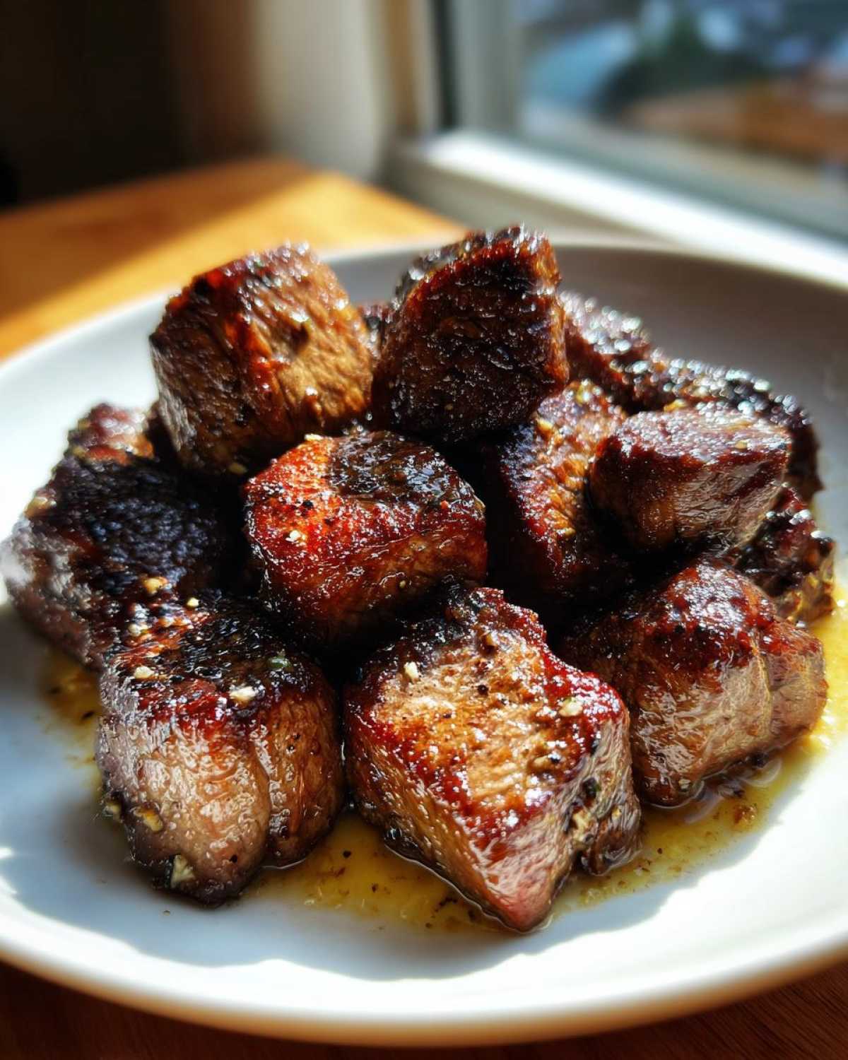 A close-up of perfectly seared Garlic Butter Steak Bites with crispy edges resting in a pool of butter sauce.