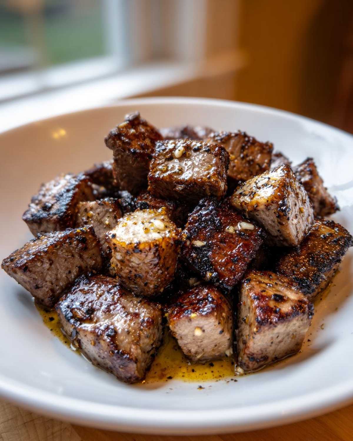 A close-up of perfectly seared Garlic Butter Steak Bites piled high in a white bowl, glistening with butter sauce.