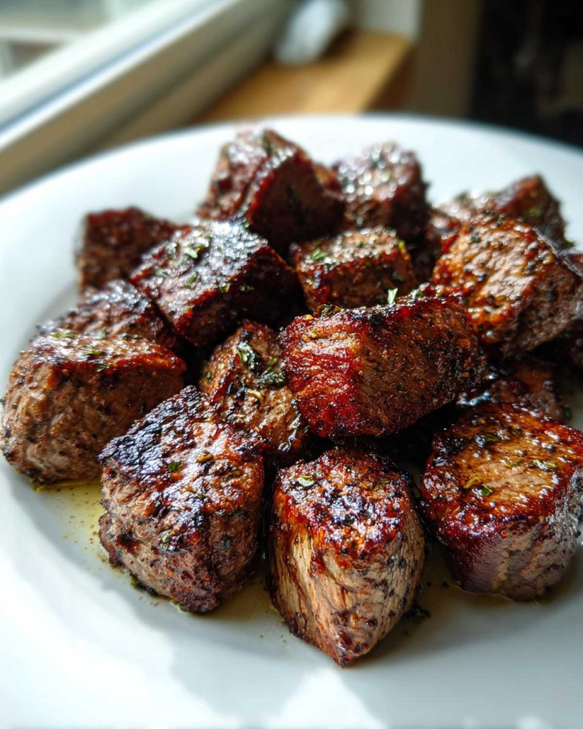 A close-up of perfectly seared Garlic Butter Steak Bites glistening with butter and herbs on a white plate.