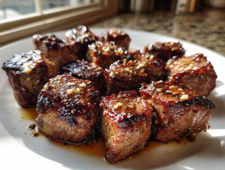 Close-up of perfectly seared Garlic Butter Steak Bites glistening with sauce and minced garlic on a white plate.