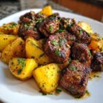 Close-up of juicy Garlic Butter Steak Bites served alongside golden, crispy potatoes, garnished with parsley.