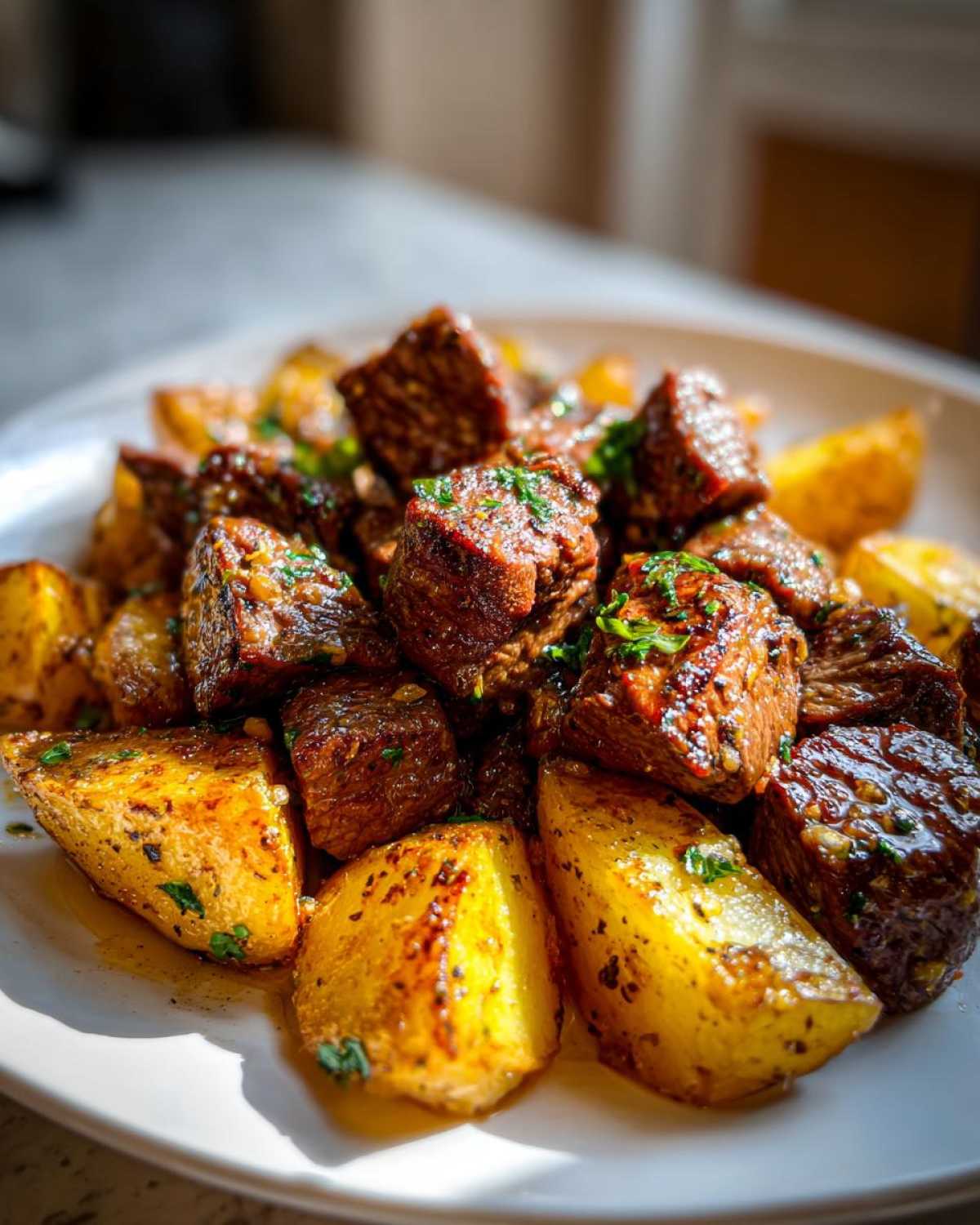 Close-up of juicy Garlic Butter Steak Bites served with golden, crispy potatoes on a white plate.