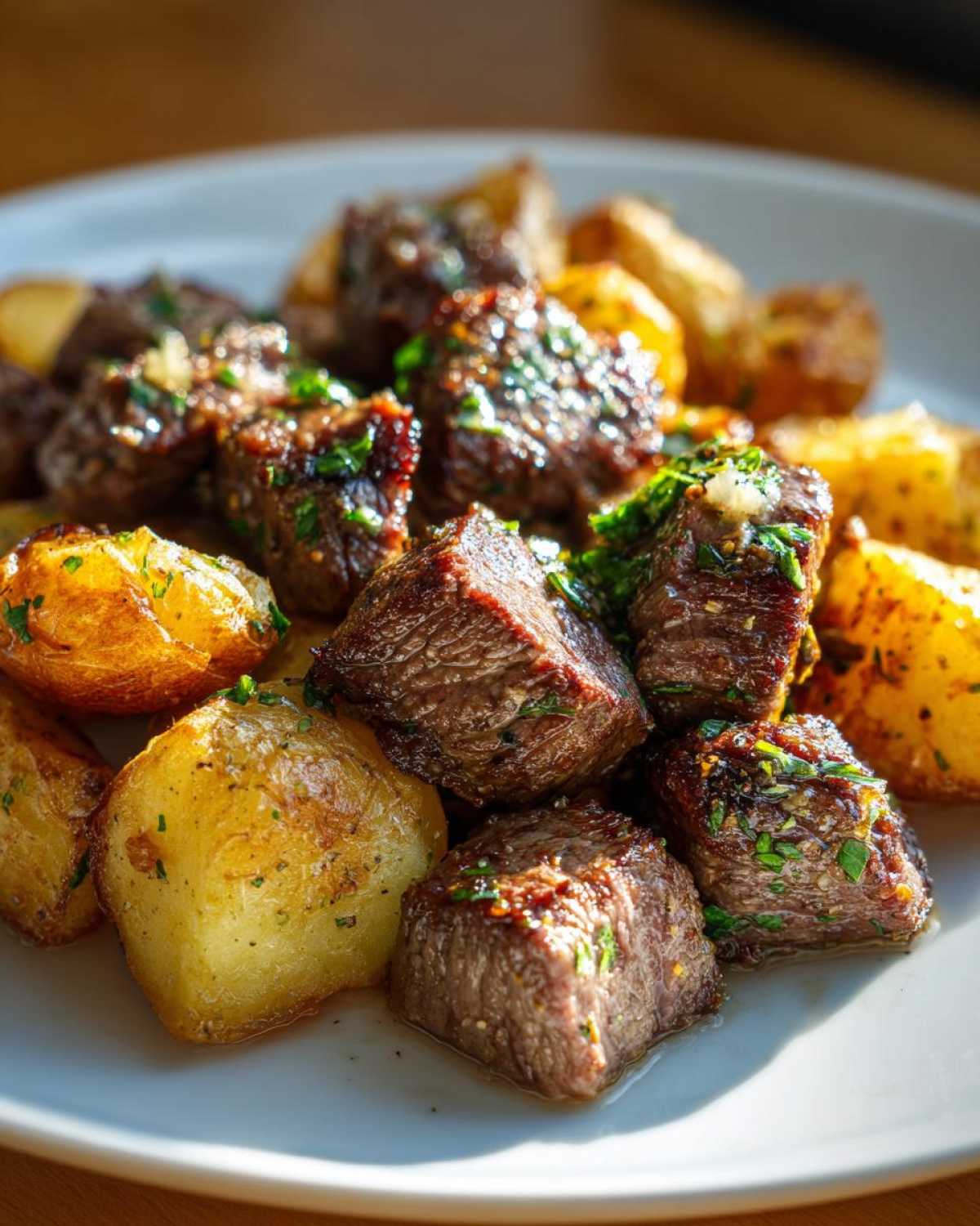 Close-up of juicy Garlic Butter Steak Bites mixed with golden, crispy potatoes on a white plate.