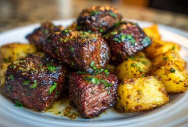 Close-up of juicy Garlic Butter Steak Bites served with golden, crispy potatoes on a white plate.
