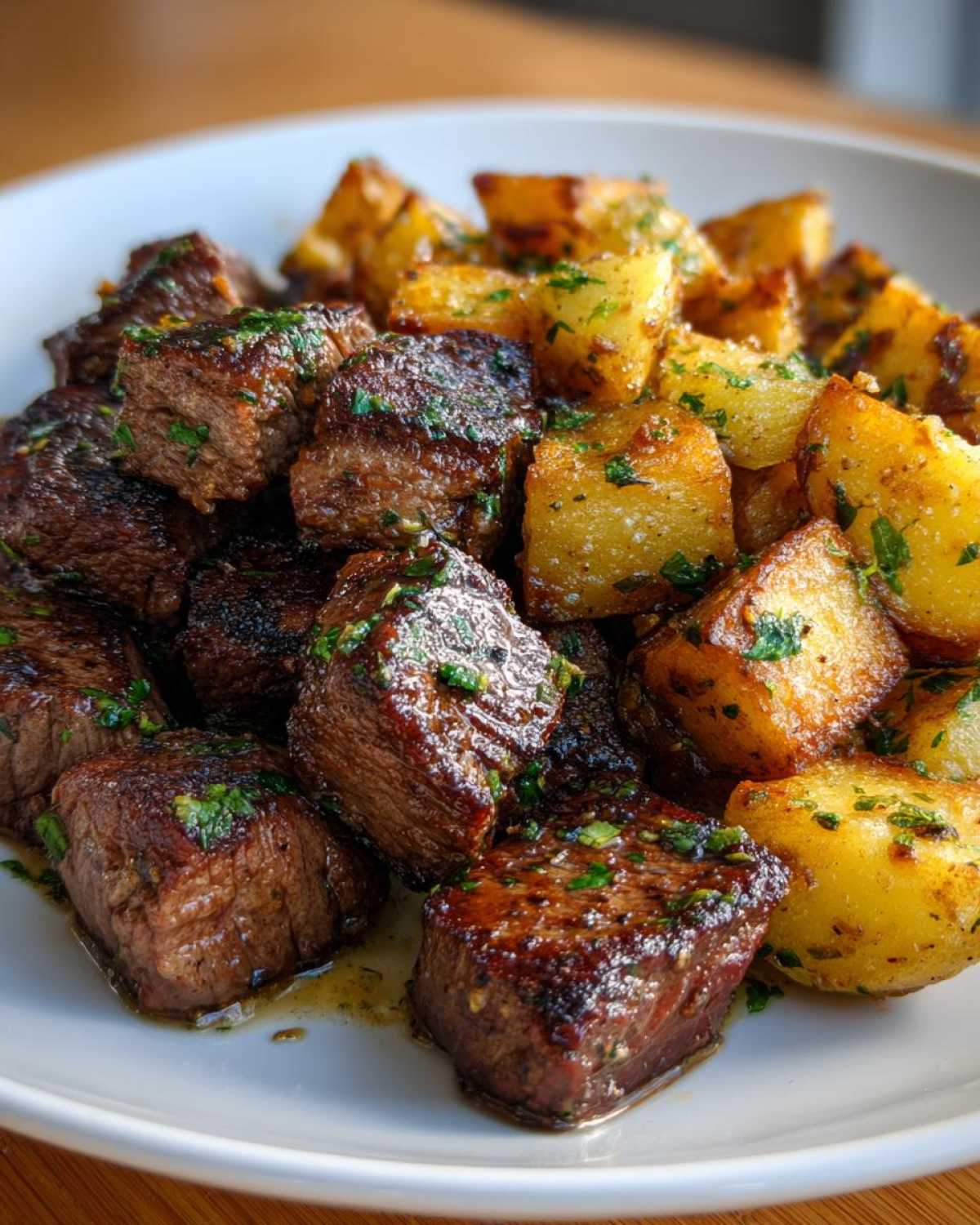 Close-up of juicy Garlic Butter Steak Bites served alongside golden, crispy potatoes, garnished with fresh parsley.