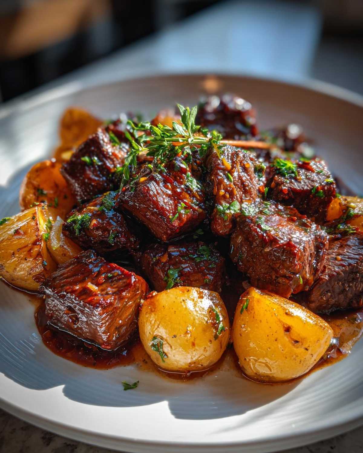 Close-up of glossy Garlic Butter Steak Bites served with golden crispy potatoes, garnished with fresh thyme.