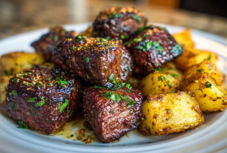 Close-up of juicy Garlic Butter Steak Bites served with golden, crispy potatoes on a white plate.