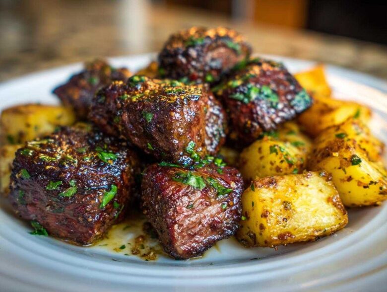 Close-up of juicy Garlic Butter Steak Bites served with golden, crispy potatoes on a white plate.