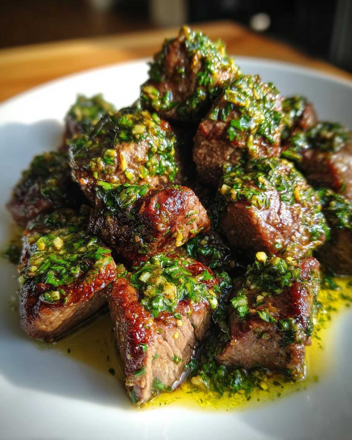 Close-up of perfectly cooked Garlic Butter Steak Bites generously topped with a bright green herb sauce.