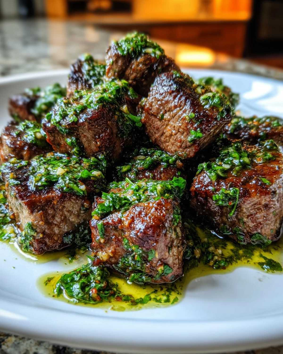 Close-up of seared Garlic Butter Steak Bites generously topped with bright green herb sauce.