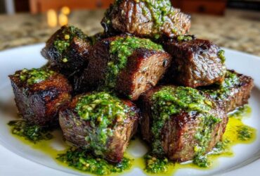 Close-up of seared Garlic Butter Steak Bites piled high and drizzled with bright green herb sauce.
