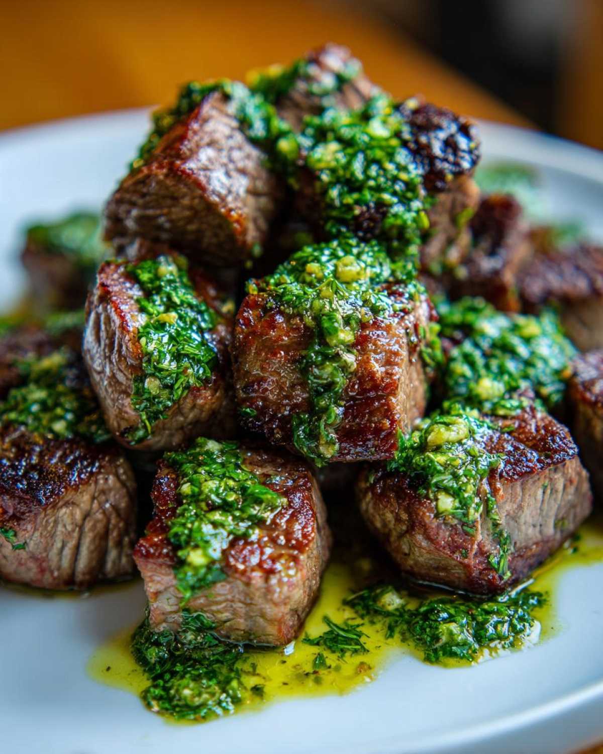 Close-up of seared Garlic Butter Steak Bites piled high and drizzled with a vibrant green herb sauce.