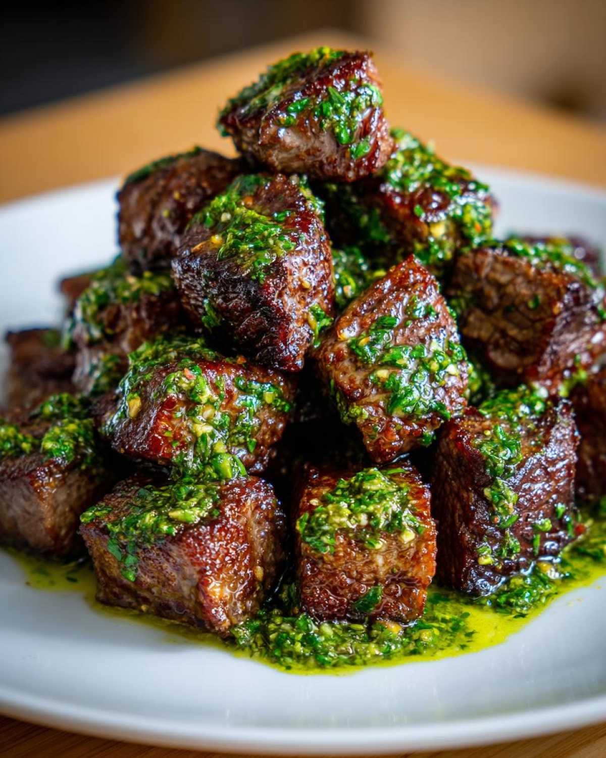 A mound of perfectly seared Garlic Butter Steak Bites generously topped with a bright green herb sauce.