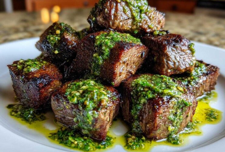 Close-up of seared Garlic Butter Steak Bites piled high and drizzled with bright green herb sauce.