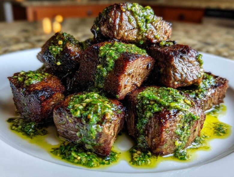 Close-up of seared Garlic Butter Steak Bites piled high and drizzled with bright green herb sauce.