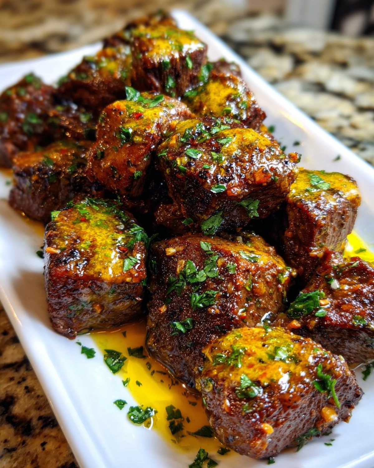 Close-up of rich, browned Garlic Butter Steak Bites drizzled with garlic butter sauce and fresh parsley.