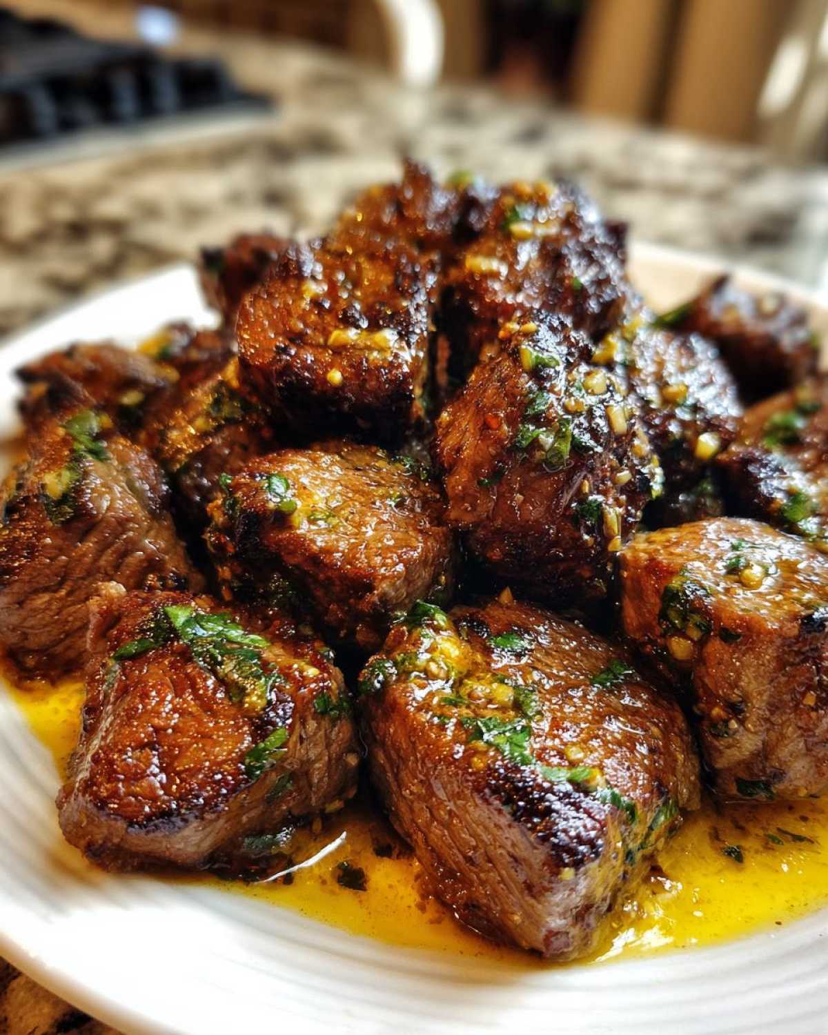 Close-up of perfectly seared Garlic Butter Steak Bites glistening in a pool of melted butter sauce on a white plate.