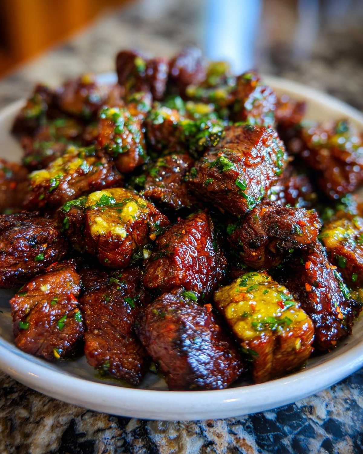 Close-up of perfectly seared Garlic Butter Steak Bites coated in a rich, glossy garlic butter sauce with green herbs.