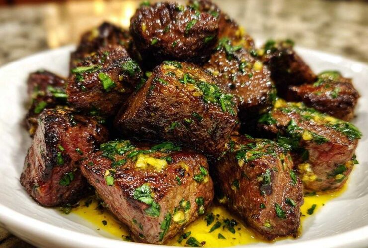 Close-up of perfectly seared Garlic Butter Steak Bites coated in garlic and parsley sauce.