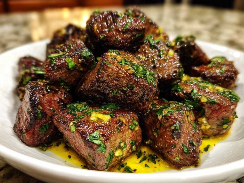 Close-up of perfectly seared Garlic Butter Steak Bites coated in garlic and parsley sauce.