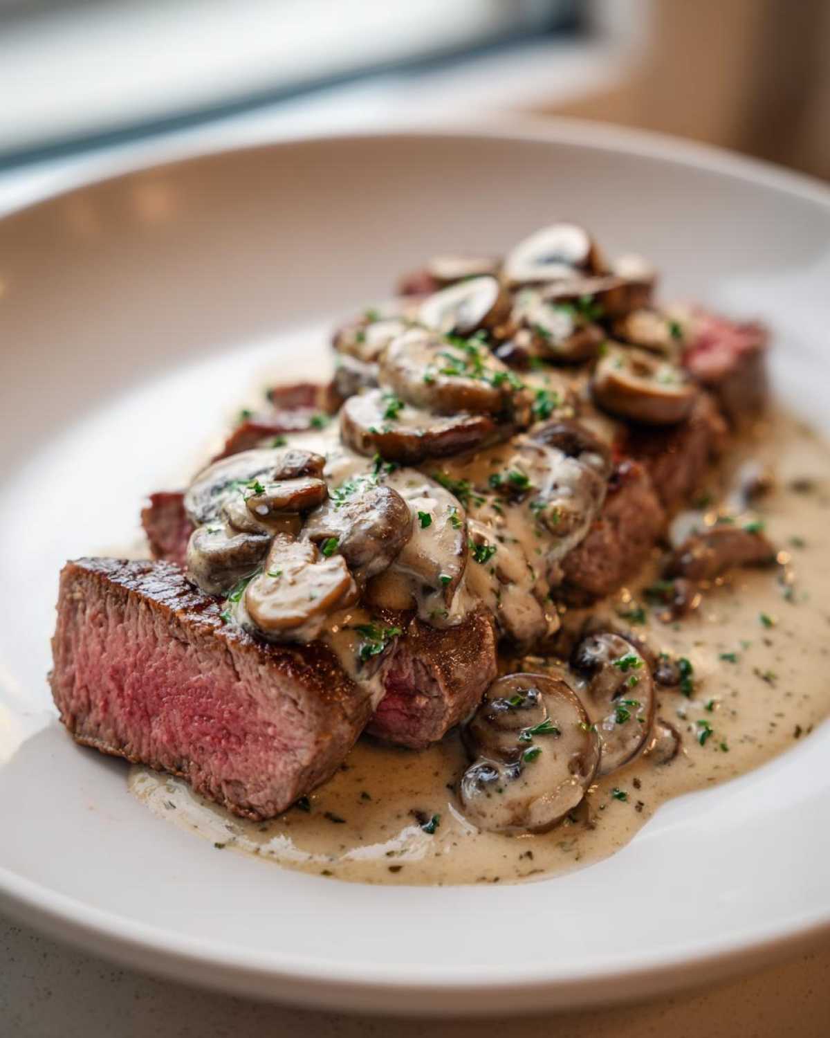 Close-up of a perfectly cooked medium-rare Garlic Butter Steak with Creamy Mushroom Sauce poured over the top.
